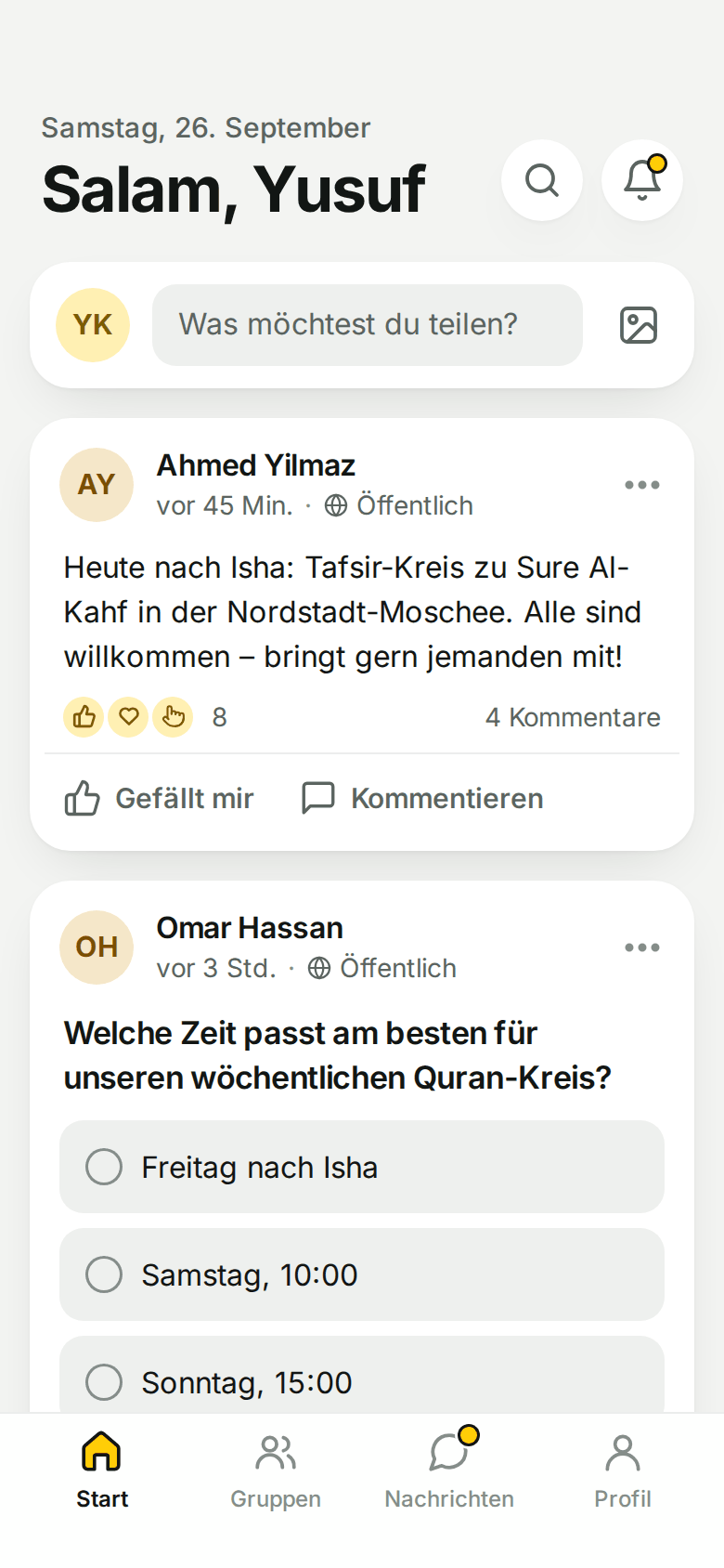 The aMuslim start screen with posts, a poll and an event from the community