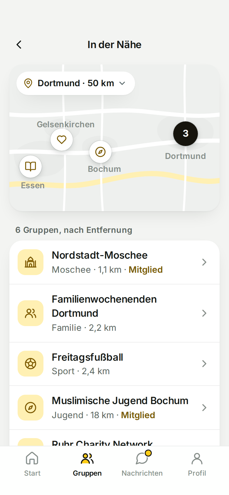 Groups nearby on a map, with a list below sorted by distance